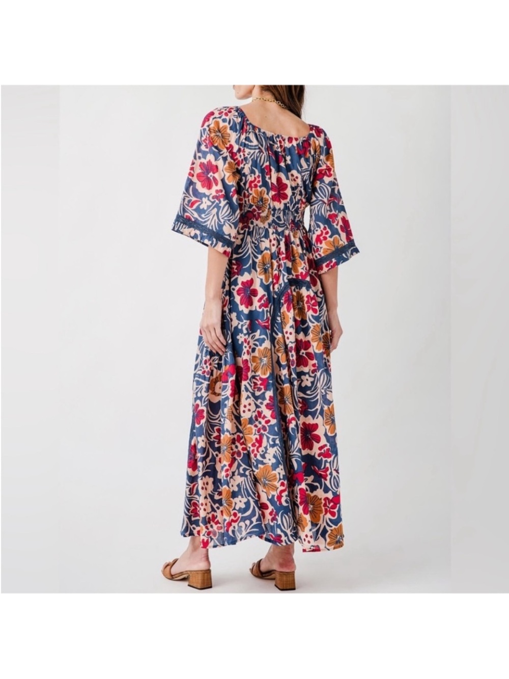 Free People Navy Floral Maxi Dress with Red & Mustard Blooms - Picture 2 of 4